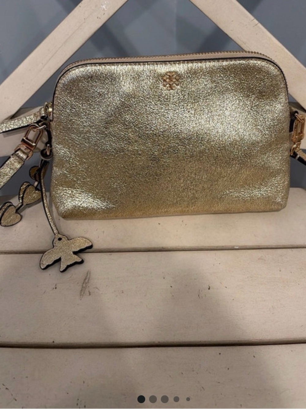 Tory Burch Metallic Gold Crossbody with Dove and Heart charms